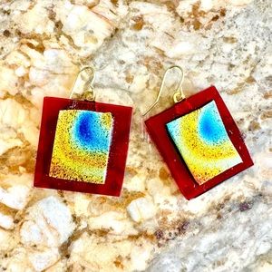 Hand blown glass earrings red iridescent gold mix pieces gold plated.